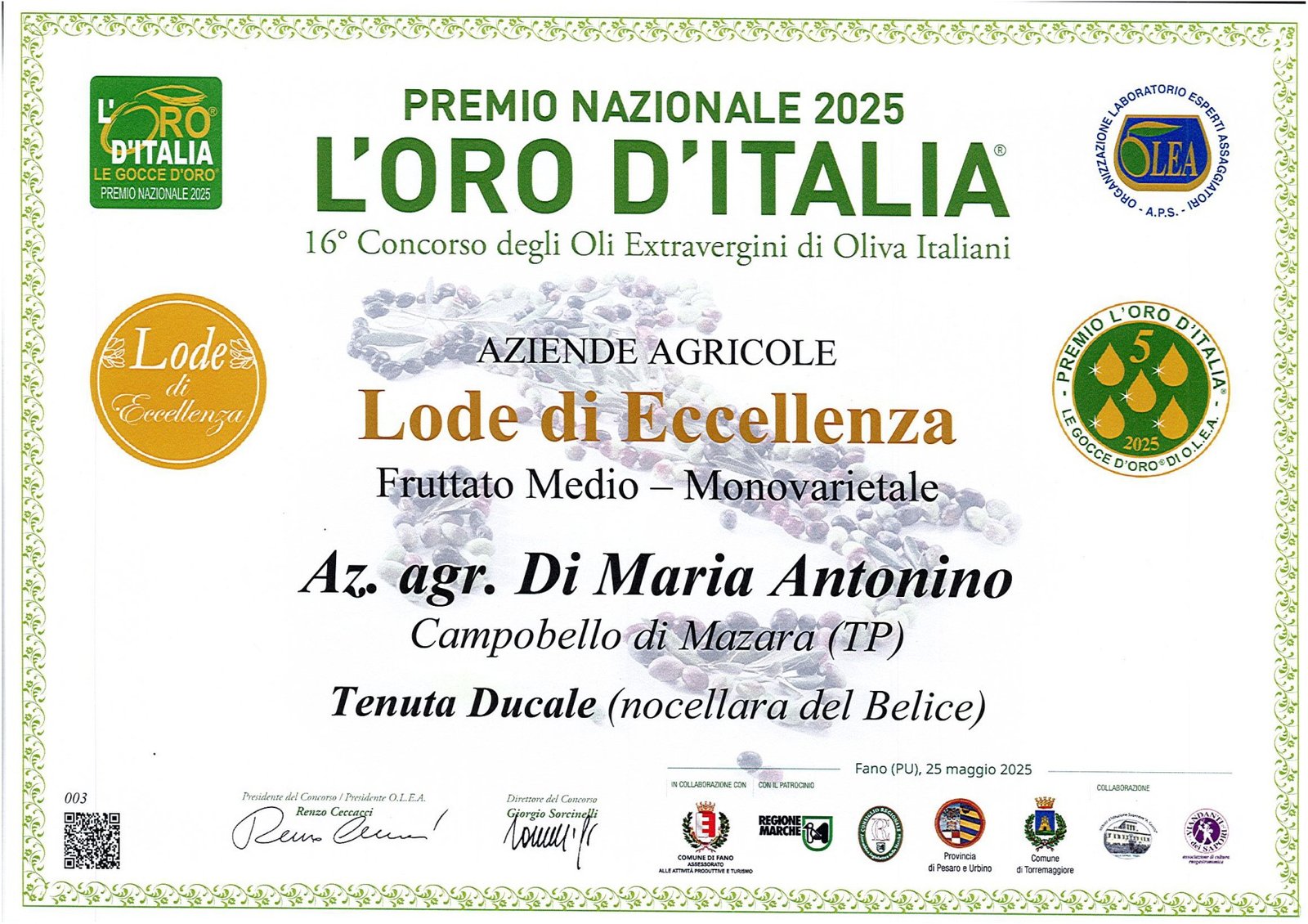 Certificato L'Oro d'Italia