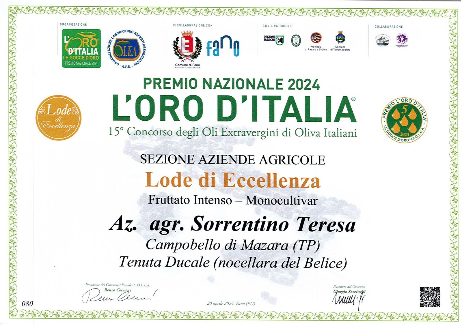 Certificato L'Oro d'Italia