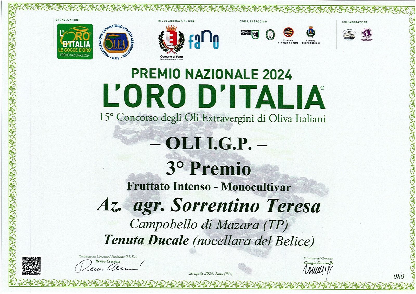 Certificato L'Oro d'Italia
