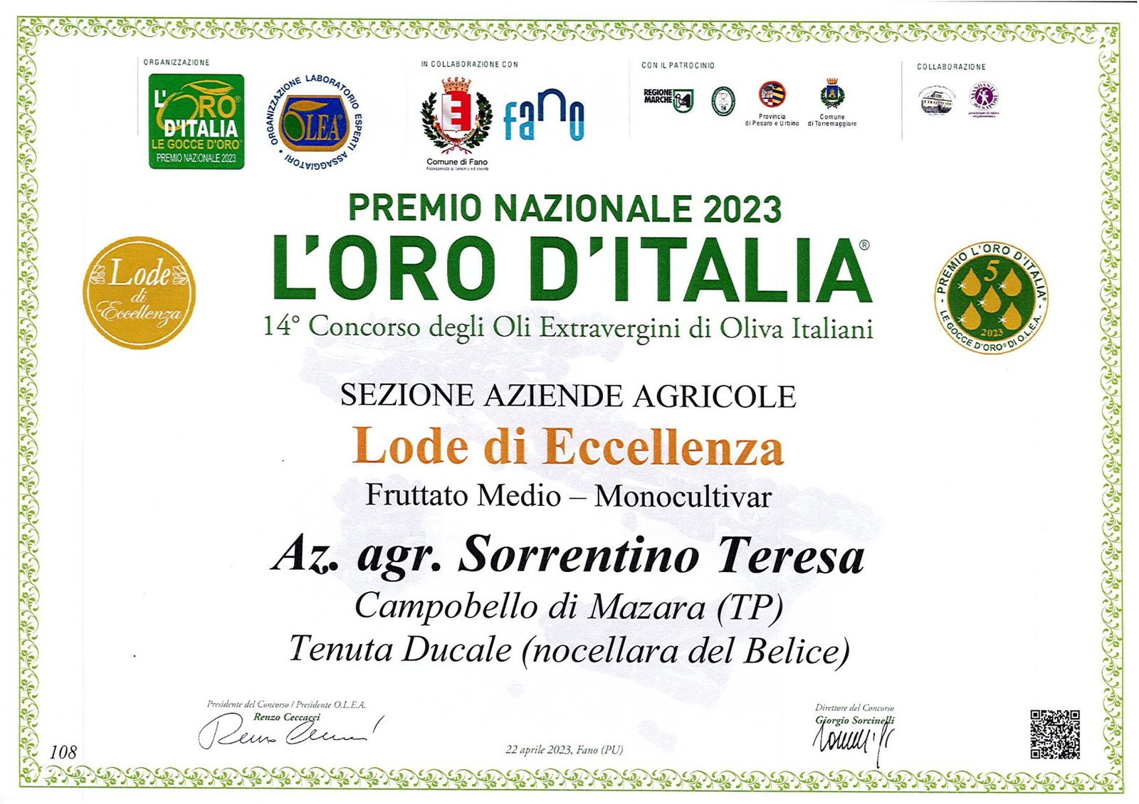 Certificato L'Oro d'Italia